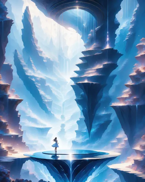 Mysterious, fantasy, illustration: Ariana Grande stands on a crystalline platform suspended above an endless abyss. Her voice resonates, creating waves of sonic energy that bridge the chasm, forging a luminescent path forward.