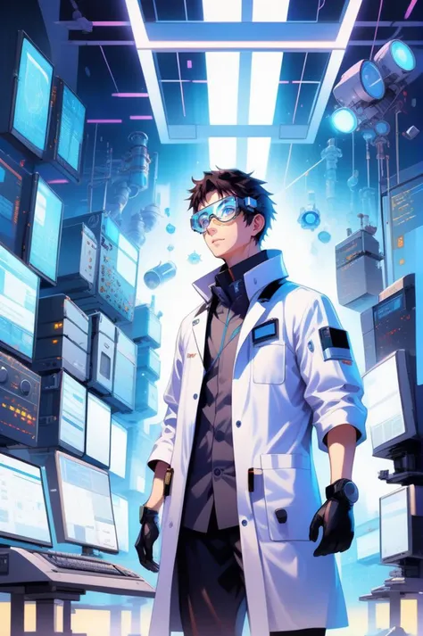 anime style , mysterious
 looking up, solo, (full body:0.6), detailed background, detailed face, (<lyco:SteamPunkBundleV3:0.5>, AetherpunkAI theme:1.1), inventor, safety-goggles, lab coat, innovation, advanced technology, fantastical science lab in background, computers, electronics, oscilloscope, robotics,   microchips,  bright lighting, flashing lights,