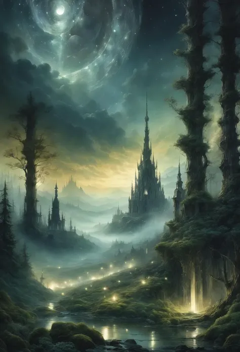 (((Horror Landscape))), Evanescent, Efflorescence, Mellifluous, Effervescent, Mellifluous, Nocturnal, Serendipity, Sonorous, Ineffable, Quixotic, Resplendent, Petrichor, Ephemeral, Luminous, Nebulous in Brooding landscapes, epic scale, German myth, layered symbolic density
