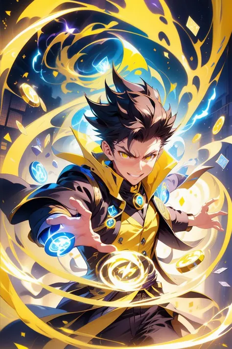 anime style , mysterious
(style-swirlmagic:0.8), solo, upper body, detailed background, detailed face, (<lora:JoltTech:0.6>, excessive energy, bolt, scifi, jolttech theme:1.1), smirk, (glowing eyes:1.1), (card-wizard:1.05), gambler, yellow magician outfit, dynamic pose, (cards floating in the air:1.15), glowing magical symbols, swirling yellow magic in background, wind blowing, ethereal atmosphere,