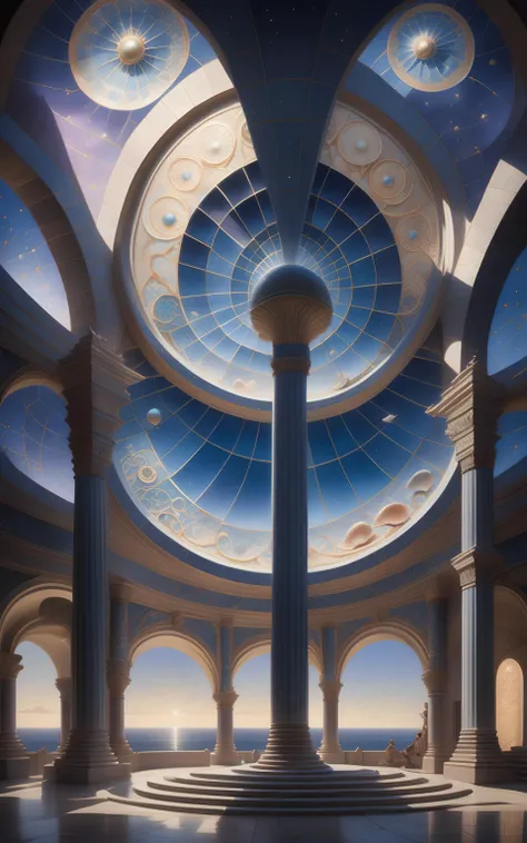 backlit by a mysterious light source, sharp HDRI, precise detailed oil painting, in a twilight fantasy an allegorical odalisque beholds the transparent three-body problem enneagonal petaled astrolabe (ohmu shell interior opening portals to worlds within worlds within worlds:1.2), massive on the palace wall, multiverse windows give symbolic reference to the sheaths of the subtle-body within as wall as the 7 heavens in the celestial reaches, (70mm IMAX:1.1), intricately detailed as Spanish tile, intricate line drawings superimposition around the spinal column, ([clockwise radial symmetry:counterclockwise radial asymmetry:0.3]:1.1), backlight, (archeofuturism:1.1)