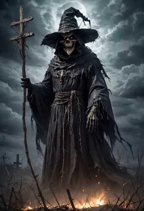 Scarecrow of the Apocalypse. A menacing figure cloaked in darkness, adorned with tattered robes and a weathered hat. His eyes glow with an otherworldly light, instilling fear in all who cross his path. His presence heralds doom and despair, a harbinger of the end times. Capture the eerie essence of his form in a single scene. DEVIL SPAWN.
