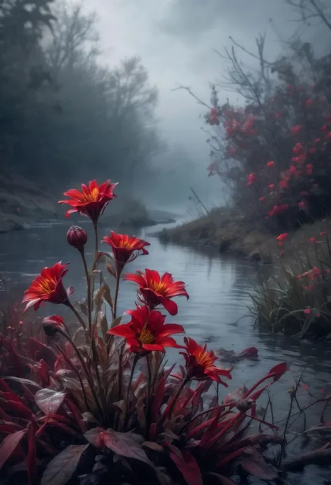 Dying red flowers, dead flowers, ultra realistic, hyper detailed, hdr, 4k, dark river, misty ambiance, mistycal