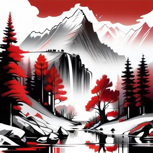 white background, scenery, ink, mountains, water, trees, red trees, magnific landscape, ink style, waterfall, high quality, lot of detail, large