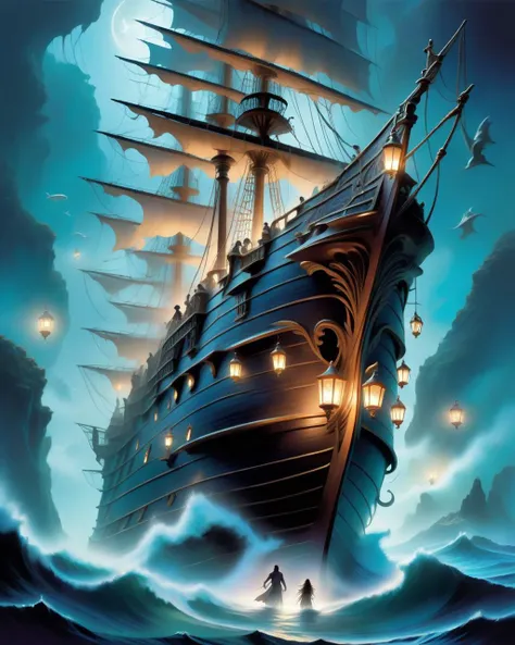 Mysterious, fantasy, illustration: Johnny Depp navigates a ghostly pirate ship through spectral seas. Ethereal sirens sing from the depths as phantom figures aid him, illuminating the path with ghostly lanterns.