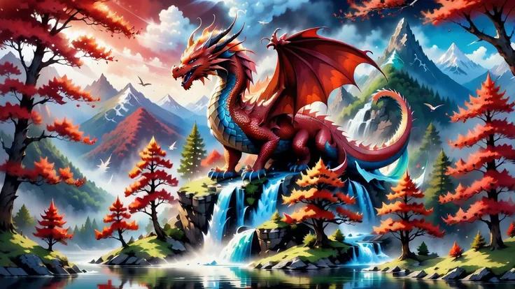 big waterfall in the center of the moutain, <lora:Haute_CoutureXL:0.4> dragon behind mountains, <lora:ChalkDustStyleSDXL:0.8> white background, scenery, ink, mountains, water, large lake with reflections, trees, red trees, birds in sky, magnific landscape, ink style, high quality, lot of detail