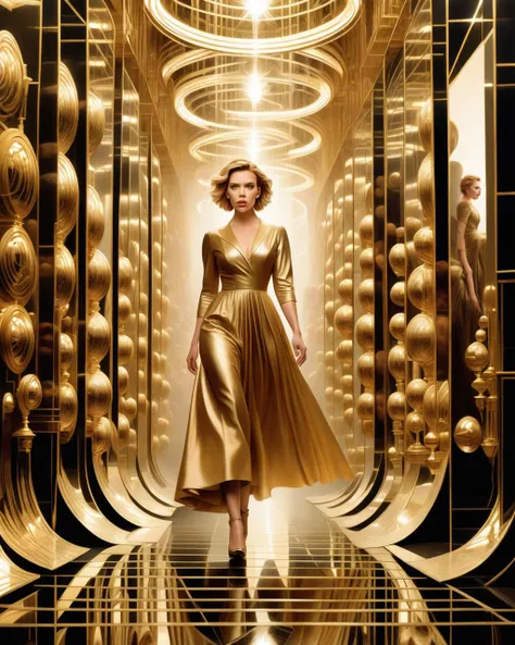 Mysterious, fantasy, illustration: Scarlett Johansson navigates a labyrinth of mirrors in a timeless realm. With each reflection, different versions of herself reveal hidden doors, leading to shimmering, unfamiliar dimensions.