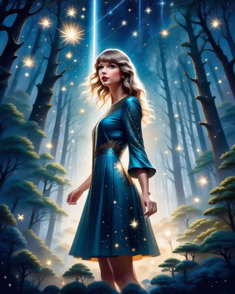 Mysterious, fantasy, illustration: Taylor Swift stands amidst a glowing forest, crafting shimmering constellations with her hands. She sends them skyward where they join the heavens, lighting up the landscape with stories of old.
