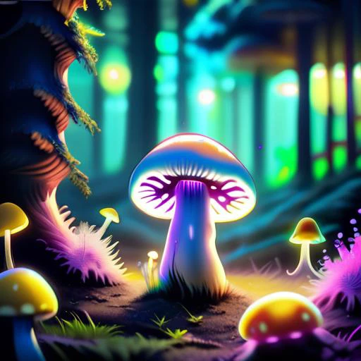 a glowing magical mushroom in the style of chalkdust, 4k, 8k, releasing neon glowing spores, digital art, high quality, highly detailed, forest