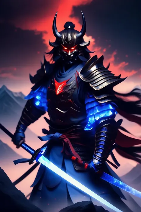 (Masterpiece), Male, Samurai, glowing red eyes, (Modern:1), (plated armor:1.4), Heavy Armor, (Glowing blue sword:1), (Samurai demon mask), Mountain background