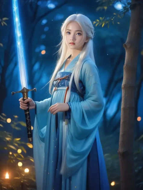 (masterpiece,best quality:1.5), , asian girl with white hair,12 years old, straight hair, blue clothes, holding a sword, in the style of dark azure and light azure, mixes realistic and fantastical elements, vibrant manga, uhd image, glassy translucence, vibrant illustrations, ultra realistic, long hair, straight hair, portrait, mysterious forest, firefly, bokeh, mysterious, night, sky, cloud, eyes detail, beautiful eyes, light in eyes,hanfu, <lora:hanfuTang_v40_M_SDXL:0.6>