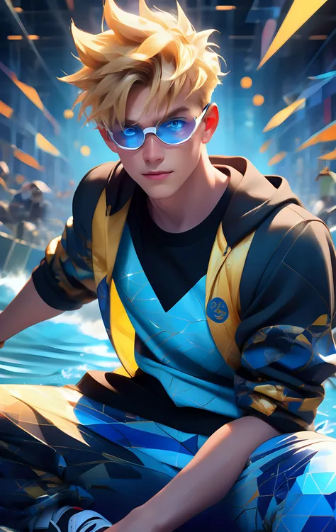 Disney,male Adolescence Well-defined, European, Deep blue eyes,   Protruding Chin with Cleft,     Strong Thighs,  , Golden Blonde Fade haircut hair, Rage, wearing  Golf pants, Batik  Light blue  Geometric Crew neck sweatshirt, Boat shoes, ,  and andSwimming Goggles , Sitting with legs crossed, appearing relaxed and open-minded, Alternate Dimensions Energy Beam,Sunlight Penetration,
Ultra High Resolution, wallpaper, 8K,game cg,Rich texture details, hyper detailed, detailed eyes, detailed background, dramatic angle, studio lighting,sharp focus,epic composition,