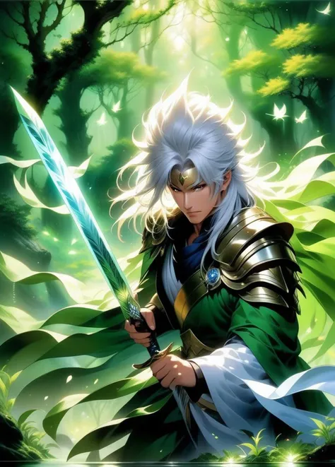 best quality, masterpiece, of a male, dressed as a Warrior, with platinum hair, with a male fantasy hairstyle, wearing a animal mask, medium shot, fighting, In a mystical swamp, where will-o'-the-wisps lead travelers astray,, anime, anime style