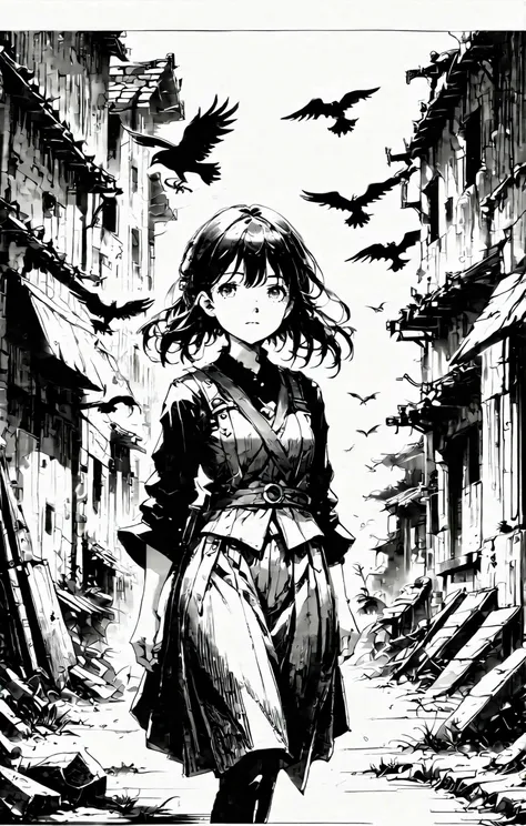 (MessyManga, detailed manga light pencil sketch), Farmer's Daughter aesthetic, a lone scavenger picking through the ruins of a deserted city, crows circling overhead, stunning background. masterpiece, absurdres, intricate details <lora:MessyManga:0.65>