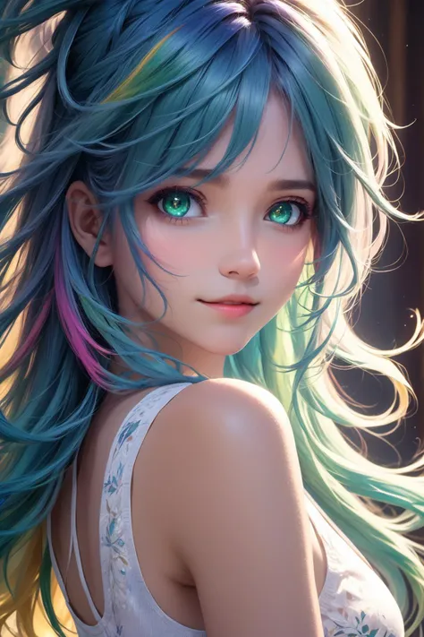 a beautiful blue haired girl, long messy hair, beautiful detailed deep green eyes, cute and beautiful face, shy smile, small breasts, white tank top, upper body view, colorful,
(masterpiece:1.2), (best quality:1.2), ultra-detailed, best shadow, detailed background, high contrast, (best illumination, an extremely delicate and beautiful), ((cinematic light)), hyper detail, dramatic light, intricate details, 8k, very aesthetic,
