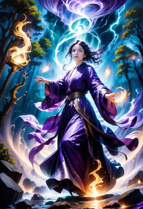 realistic
portrait, looking up, solo, (full body:0.6), detailed background, (natural forest theme:1.1), glowing eyes, mysterious apprentice, ornate purple flowing robe, determined expression, dynamic pose, levitating, (black fire), magic living water <lora:waterVFX:0.1>, mana, floating whirlwind, dark stormclouds, shimmering lights in background,