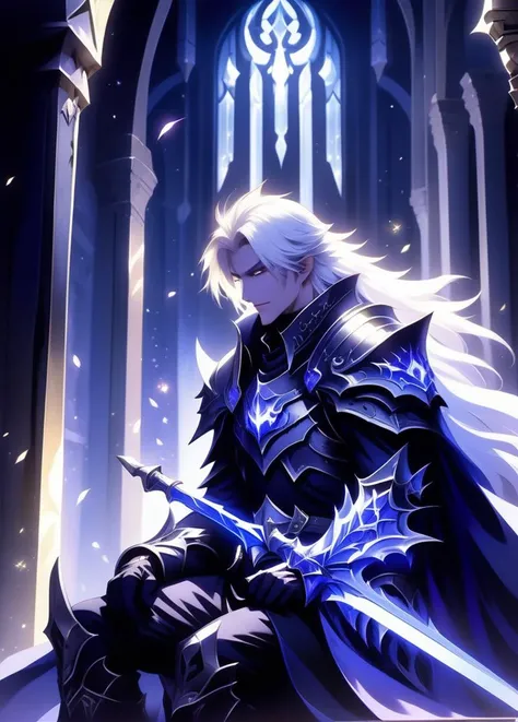 best quality, masterpiece, of a male, dressed as a Death Knight guard <lora:RPGGuard:.9>, with platinum hair, with a male fantasy hairstyle, wearing a animal mask, close-up, sat, In a subterranean city lit by luminescent crystals, inhabited by dwarves,, anime, anime style