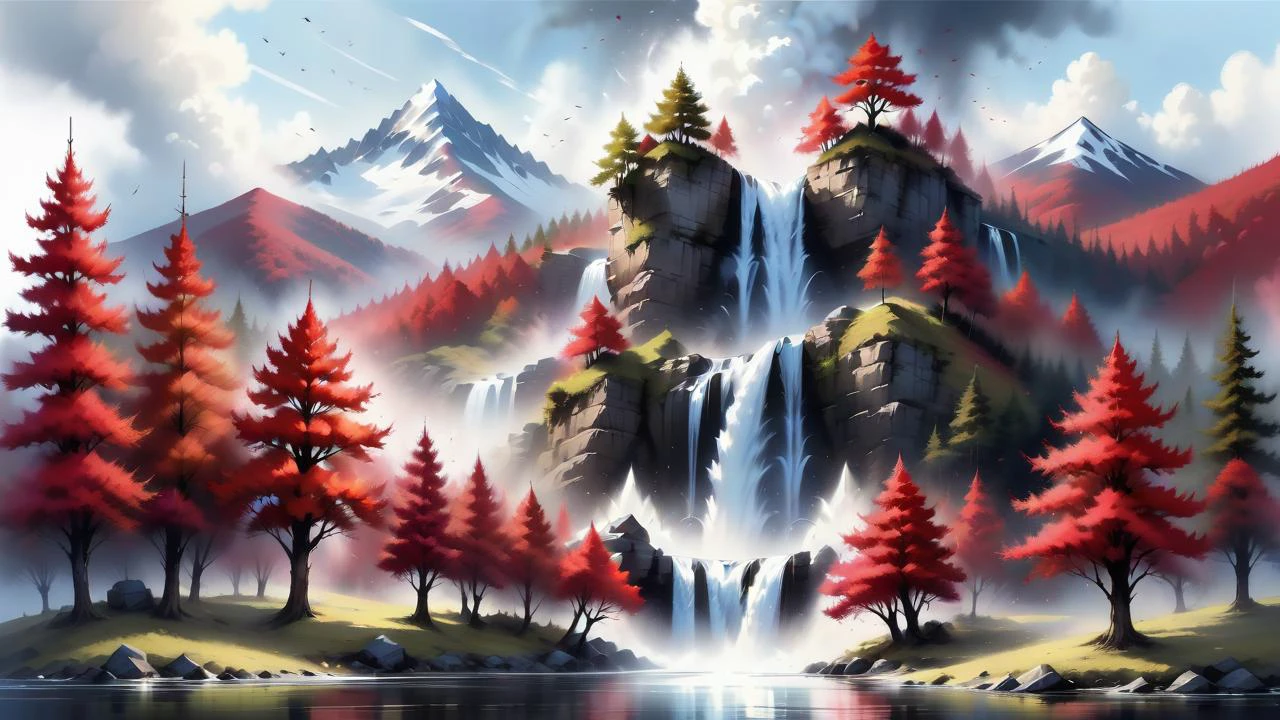 big waterfall in the center of the moutain, white background, scenery, ink, mountains, water, trees, red trees, magnific landscape, ink style, high quality, lot of detail, large, <lora:ChalkDustStyleSDXL:1>