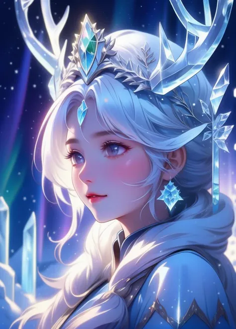 best quality, masterpiece, of a female, dressed as a Artisan, with platinum hair, with a female fantasy hairstyle, wearing a antlers, portrait, posing, In a frozen landscape under the aurora borealis, with ice sculptures that come to life,, anime, anime style