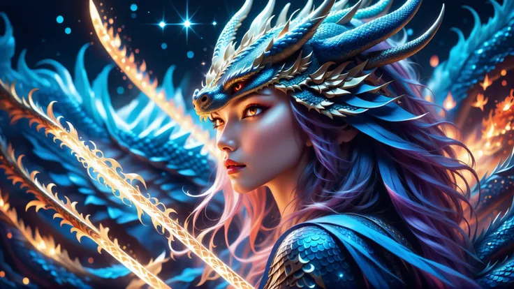 The White Dragon's blue eyes rose into the air(Dark Mage manipulates the dragon:1.3),(The dark wizard girl has her back to the camera:1.3),Las nubes del cielo rodean los alrededores,magia de luz,fantastic background,Significado de fondo,Ridiculous background,There are artistic overlays,cabello rubio, surrealismo, cinematic lighting, Trazado de rayos, Luz de Dios, Speed Line, view angle, hiper HD, obra maestra, La mejor calidad, Super detail, A high resolution, alta calidad,(vista lejana:1.3)The Dark Wizard manipulates a dragon