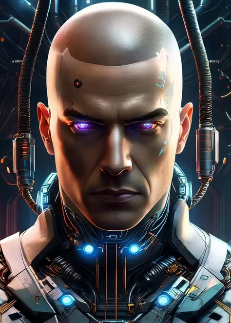 1boy, android, bald, cable, closed mouth, cyberpunk, cyborg, looking at viewer, male focus, mechanical parts, realistic, science fiction, solo, upper body