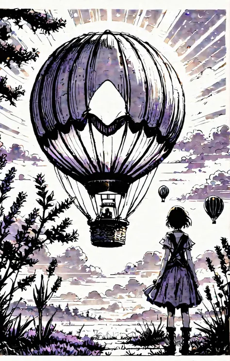 (MessyManga, detailed manga light pencil sketch), Aetherpunk aesthetic, a hot air balloon floating over a field of lavender at sunrise <lora:MessyManga:0.8>