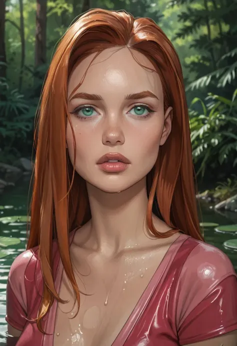 score_9, score_8_up, score_7_up, (huge tits:1.2), 1girl, solo,20 year old woman,headshot, ,a_e, 1girl, ginger long hair, green eyes, pink lips detailed face, atom eve costume, , , stunning beauty, long legs, , flushed cheeks, long hair,, Atom Eve, sultry, sexually aroused flushed, lips parted, in a pond in the forest dripping wet, one arm behind her, <lora:d3t41l3dXLP:.6> <lora:Atomic_EvaV2:.9>