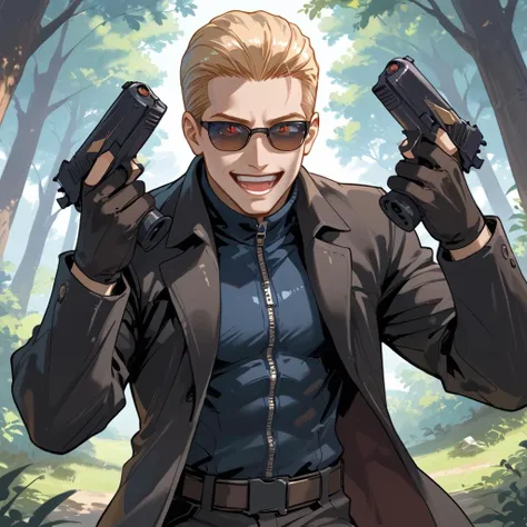 PonyScores7, source_anime, ah1, BREAK <lora:albertwesker-guy-PONYv1:0.8> albertwesker, albert wesker, 1boy, blonde, black gloves, (sunglasses:1.3), belt, black coat, black pants, looking at viewer, toned, athletic, fit, slicked back hair, black turtleneck, zipper, mature male, short hair, black boots, (<lora:DanielRadcliffeHoldingTwoGunsMeme_pdxl_Incrs_v1:1> handgun, holding weapon, holding gun, dual wielding, upper body, finger on trigger, parody, evil smile, open mouth, tongue out), (Enchanted wind chime forest with singing chimes and dancing leaves,), (focused, intense glare), (reddish orange eyes, slit pupils), (angular face, sharp_featured face), handsome, charming, alluring, BREAK <lora:xl_more_art-full_v1:0.2>, <lora:shinyskin2:0.2> glistening skin, <lora:aesthetic_anime_v1s:0.2>, <lora:Expressive_H:0.2> Expressiveh, <lora:hairdetailpxl:0.2> hairdetailpxl, <lora:EpicF4nta5yXL:0.2>, <lora:detailxl:0.2> detailxl, <lora:Fant5yP0ny:0.2>, best quality, amazing quality, best aesthetic, absurdres, <lora:expressive eyes:0.2> expressive eyes, <lora:eyedetailpxl:0.2> eyedetailpxl, illustration, Volumetric_Lighting, ultra-detailed, very aesthetic, intricate details, 8k, masterpiece, best_quality, BREAK (Double Framing shot), BREAK <lora:Eyes_High_Definition:0.3> EyesHD, Stable_Yogis_PDXL_Positives, AS-Adult, <lora:Complicated fantasy portrait - XL Pony V2.0:0.4>, bad-hands-5, AS-MidAged,