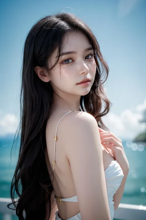 4K resolution,8K resolution,beautiful,Highest quality,Absolutely wonderful,Very detailed,Ultra-high resolution,masterpiece,(Realistic:1.5),(Realistic:1.5),Increased depth of field,Cinematic Light,
One elegant mature woman,
Long black hair,精巧なディテールのbeautiful顔,A face full of compassion,Moist eyes,Transparent white skin,Very sensitive skin,Great proportions,Glamorous Body,Anatomically correct body,
Elegant high leg swimsuit,Cool design,Gorgeous and detailed pattern,Beautifully detailed pattern,Detailed cloth texture,Gorgeous necklace
(Romantic evening seaside scene:1.5),Pitch black night sky,Coastline stretching to the horizon,Deserted beach,Dark sea surface,
(Dramatic Angle:1.5),