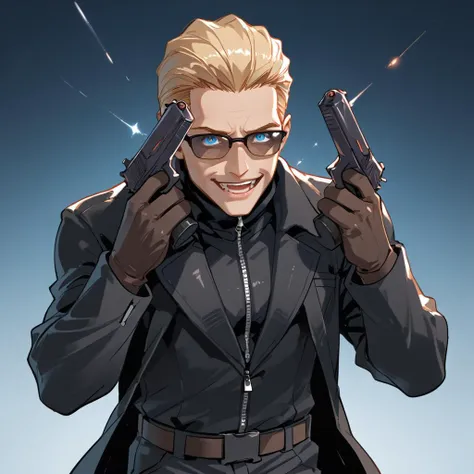 PonyScores7, source_anime, ah1, BREAK <lora:albertwesker-guy-PONYv1:0.8> albertwesker, albert wesker, 1boy, blonde, black gloves, (sunglasses:1.3), belt, black coat, black pants, looking at viewer, toned, athletic, fit, slicked back hair, black turtleneck, zipper, mature male, short hair, black boots, (<lora:DanielRadcliffeHoldingTwoGunsMeme_pdxl_Incrs_v1:1> handgun, holding weapon, holding gun, dual wielding, upper body, finger on trigger, parody, evil smile, open mouth, tongue out), (Subterranean labyrinth of tunnels and sewers, dimly lit passages echoing with the sounds of clandestine activity, hidden enclaves carved out by renegade factions), (focused, intense glare), blue eyes, (angular face, sharp_featured face), handsome, charming, alluring, BREAK <lora:xl_more_art-full_v1:0.2>, <lora:shinyskin2:0.2> glistening skin, <lora:aesthetic_anime_v1s:0.2>, <lora:Expressive_H:0.2> Expressiveh, <lora:hairdetailpxl:0.2> hairdetailpxl, <lora:EpicF4nta5yXL:0.2>, <lora:detailxl:0.2> detailxl, <lora:Fant5yP0ny:0.2>, best quality, amazing quality, best aesthetic, absurdres, <lora:expressive eyes:0.2> expressive eyes, <lora:eyedetailpxl:0.2> eyedetailpxl, illustration, Volumetric_Lighting, ultra-detailed, very aesthetic, intricate details, 8k, masterpiece, best_quality, BREAK (From a mid-angle, keeping the subject level with the camera), BREAK <lora:Eyes_High_Definition:0.3> EyesHD, Stable_Yogis_PDXL_Positives, AS-Adult, <lora:Complicated fantasy portrait - XL Pony V2.0:0.4>, bad-hands-5, AS-MidAged,