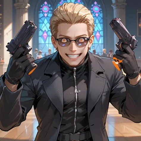 PonyScores7, source_anime, ah1, BREAK <lora:albertwesker-guy-PONYv1:0.8> albertwesker, albert wesker, 1boy, blonde, black gloves, (sunglasses:1.3), belt, black coat, black pants, looking at viewer, toned, athletic, fit, slicked back hair, black turtleneck, zipper, mature male, short hair, black boots, (<lora:DanielRadcliffeHoldingTwoGunsMeme_pdxl_Incrs_v1:1> handgun, holding weapon, holding gun, dual wielding, smile, upper body, grin, open mouth, finger on trigger, crazy eyes, wide-eyed, parody), (castle Ballroom, Lavish space with a gleaming parquet floor, crystal chandeliers hanging from the ceiling, gilded mirrors reflecting dancers in ornate costumes, a stage for musicians, silk draperies framing tall windows), (focused, intense glare), (reddish orange eyes, slit pupils), (angular face, sharp_featured face), handsome, charming, alluring, BREAK <lora:xl_more_art-full_v1:0.2>, <lora:shinyskin2:0.2> glistening skin, <lora:aesthetic_anime_v1s:0.2>, <lora:Expressive_H:0.2> Expressiveh, <lora:hairdetailpxl:0.2> hairdetailpxl, <lora:EpicF4nta5yXL:0.2>, <lora:detailxl:0.2> detailxl, <lora:Fant5yP0ny:0.2>, best quality, amazing quality, best aesthetic, absurdres, <lora:expressive eyes:0.2> expressive eyes, <lora:eyedetailpxl:0.2> eyedetailpxl, illustration, Volumetric_Lighting, ultra-detailed, very aesthetic, intricate details, 8k, masterpiece, best_quality, BREAK (Dolly zoom), BREAK <lora:Eyes_High_Definition:0.3> EyesHD, Stable_Yogis_PDXL_Positives, AS-Adult, <lora:Complicated fantasy portrait - XL Pony V2.0:0.4>, bad-hands-5, AS-MidAged,