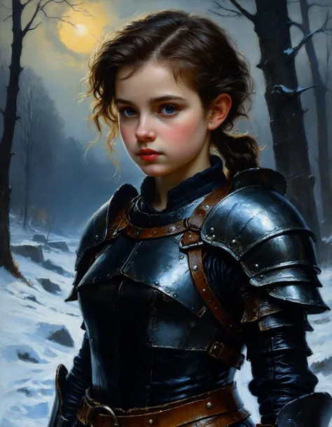 oil painting, ultra high quality, very detailed, a young female halfling wearing a black leather armor, outside in winter, D&D, by Albert Lynch, Abbott Handerson Thayer, close up, dirty used and scratched gear, dnddarkestfantasy, ultra detailed, Rembrandt lighting, brush strokes