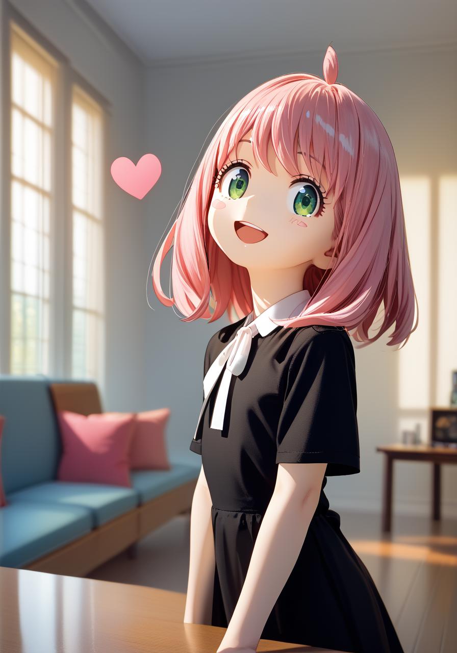Anime girl with pink hair and green eyes standing in a room - SeaArt AI