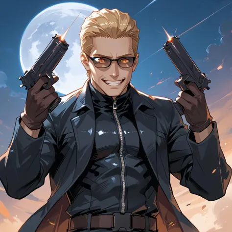 PonyScores7, source_anime, ah1, BREAK <lora:albertwesker-guy-PONYv1:0.8> albertwesker, albert wesker, 1boy, blonde, black gloves, (sunglasses:1.3), belt, black coat, black pants, looking at viewer, toned, athletic, fit, slicked back hair, black turtleneck, zipper, mature male, short hair, black boots, (<lora:DanielRadcliffeHoldingTwoGunsMeme_pdxl_Incrs_v1:1> handgun, holding weapon, holding gun, dual wielding, upper body, finger on trigger, parody, evil smile), (moon), (focused, intense glare), (reddish orange eyes, slit pupils), (angular face, sharp_featured face), handsome, charming, alluring, BREAK <lora:xl_more_art-full_v1:0.2>, <lora:shinyskin2:0.2> glistening skin, <lora:aesthetic_anime_v1s:0.2>, <lora:Expressive_H:0.2> Expressiveh, <lora:hairdetailpxl:0.2> hairdetailpxl, <lora:EpicF4nta5yXL:0.2>, <lora:detailxl:0.2> detailxl, <lora:Fant5yP0ny:0.2>, best quality, amazing quality, best aesthetic, absurdres, <lora:expressive eyes:0.2> expressive eyes, <lora:eyedetailpxl:0.2> eyedetailpxl, illustration, Volumetric_Lighting, ultra-detailed, very aesthetic, intricate details, 8k, masterpiece, best_quality, BREAK (Astro Photography shot), BREAK <lora:Eyes_High_Definition:0.3> EyesHD, Stable_Yogis_PDXL_Positives, AS-Adult, <lora:Complicated fantasy portrait - XL Pony V2.0:0.4>, bad-hands-5, AS-MidAged,