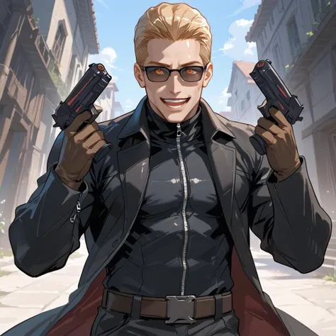 PonyScores7, source_anime, ah1, BREAK <lora:albertwesker-guy-PONYv1:0.8> albertwesker, albert wesker, 1boy, blonde, black gloves, (sunglasses:1.3), belt, black coat, black pants, looking at viewer, toned, athletic, fit, slicked back hair, black turtleneck, zipper, mature male, short hair, black boots, (<lora:DanielRadcliffeHoldingTwoGunsMeme_pdxl_Incrs_v1:1> handgun, holding weapon, holding gun, dual wielding, upper body, finger on trigger, parody, evil smile, open mouth, tongue out), (A vast windswept plain stretched beneath an endless sky where nomadic tribes ride on the backs of giant six-legged birds,), (focused, intense glare), (reddish orange eyes, slit pupils), (angular face, sharp_featured face), handsome, charming, alluring, BREAK <lora:xl_more_art-full_v1:0.2>, <lora:shinyskin2:0.2> glistening skin, <lora:aesthetic_anime_v1s:0.2>, <lora:Expressive_H:0.2> Expressiveh, <lora:hairdetailpxl:0.2> hairdetailpxl, <lora:EpicF4nta5yXL:0.2>, <lora:detailxl:0.2> detailxl, <lora:Fant5yP0ny:0.2>, best quality, amazing quality, best aesthetic, absurdres, <lora:expressive eyes:0.2> expressive eyes, <lora:eyedetailpxl:0.2> eyedetailpxl, illustration, Volumetric_Lighting, ultra-detailed, very aesthetic, intricate details, 8k, masterpiece, best_quality, BREAK (Dutch Angle view Close shot (focus on feet)), BREAK <lora:Eyes_High_Definition:0.3> EyesHD, Stable_Yogis_PDXL_Positives, AS-Adult, <lora:Complicated fantasy portrait - XL Pony V2.0:0.4>, bad-hands-5, AS-MidAged,