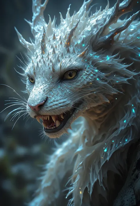 cinematic photo . a giant majestic white [dragon|cat] hybrid adorned with shimmering, iridescent scales.  <lora:flux_sparklycism.safetensors:0.5>,  <lora:Magic_of_Art_(FLUX).safetensors:1.0>,  <lora:DnDDarkestFantasy.safetensors:0.5>,   . 35mm photograph, film, bokeh, professional, 4k, highly detailed