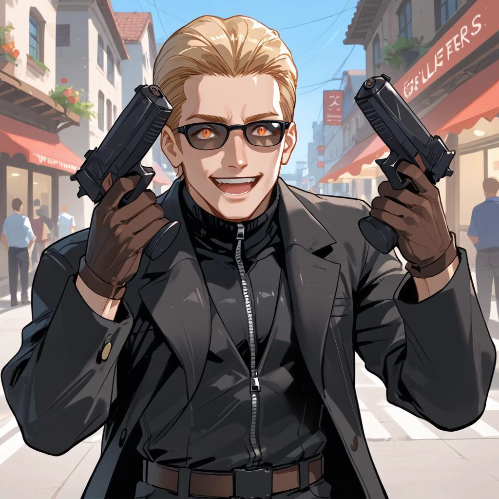 PonyScores7, source_anime, ah1, BREAK <lora:albertwesker-guy-PONYv1:0.8> albertwesker, albert wesker, 1boy, blonde, black gloves, (sunglasses:1.3), belt, black coat, black pants, looking at viewer, toned, athletic, fit, slicked back hair, black turtleneck, zipper, mature male, short hair, black boots, (<lora:DanielRadcliffeHoldingTwoGunsMeme_pdxl_Incrs_v1:1> handgun, holding weapon, holding gun, dual wielding, upper body, finger on trigger, parody, evil smile, open mouth, tongue out), (an urban diorama, featuring skyscrapers, bustling streets, a modern coffee shop, pedestrians and cyclists navigating the city), (focused, intense glare), (reddish orange eyes, slit pupils), (angular face, sharp_featured face), handsome, charming, alluring, BREAK <lora:xl_more_art-full_v1:0.2>, <lora:shinyskin2:0.2> glistening skin, <lora:aesthetic_anime_v1s:0.2>, <lora:Expressive_H:0.2> Expressiveh, <lora:hairdetailpxl:0.2> hairdetailpxl, <lora:EpicF4nta5yXL:0.2>, <lora:detailxl:0.2> detailxl, <lora:Fant5yP0ny:0.2>, best quality, amazing quality, best aesthetic, absurdres, <lora:expressive eyes:0.2> expressive eyes, <lora:eyedetailpxl:0.2> eyedetailpxl, illustration, Volumetric_Lighting, ultra-detailed, very aesthetic, intricate details, 8k, masterpiece, best_quality, BREAK (Fast Motion), BREAK <lora:Eyes_High_Definition:0.3> EyesHD, Stable_Yogis_PDXL_Positives, AS-Adult, <lora:Complicated fantasy portrait - XL Pony V2.0:0.4>, bad-hands-5, AS-MidAged,