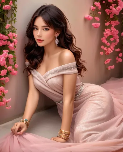 HDR,UHD,8K,Highly detailed,realistic,photo-realistic:1.37),best quality,masterpiece,1girl, bare shoulders, black hair, bracelet, brown eyes, brown hair, dress, earrings, jewelry, lips, lipstick, long hair, lying, makeup, on side, pink dress, realistic, solo