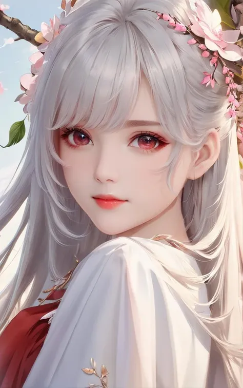 masterpiece, best quality
1girl, long hair, looking at viewer, hair ornament, white hair, branch, flower, solo, hair flower, blush, upper body, long sleeves, lips, bangs, red lips, closed mouth, from side