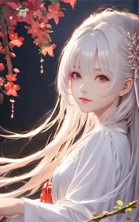 masterpiece, best quality
1girl, long hair, looking at viewer, hair ornament, white hair, branch, flower, solo, hair flower, blush, upper body, long sleeves, lips, bangs, red lips, closed mouth, from side