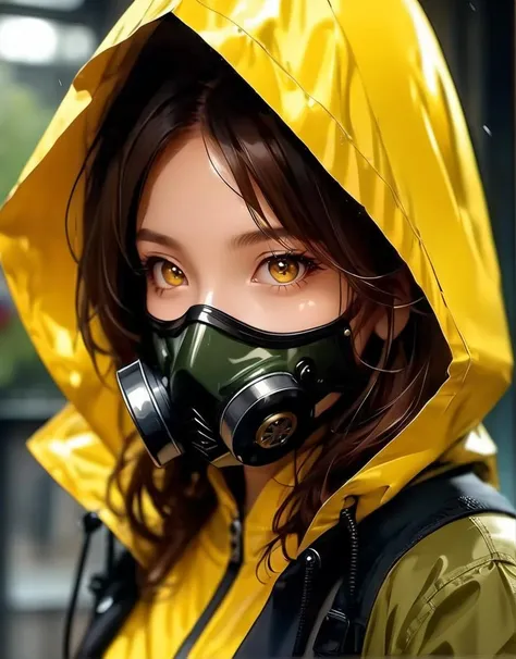 masterpiece, best quality
1girl, blurry, blurry background, brown eyes, brown hair, gas mask, hood, hood up, hooded jacket, jacket, looking at viewer, mask, raincoat, realistic, solo, upper body, yellow jacket, yellow raincoat