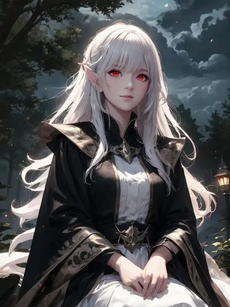 1girl, cloak, colored skin, dark fantasy, dress, long hair, looking at viewer, night, outdoors, own hands together, red eyes, sitting, sky, tree, white hair