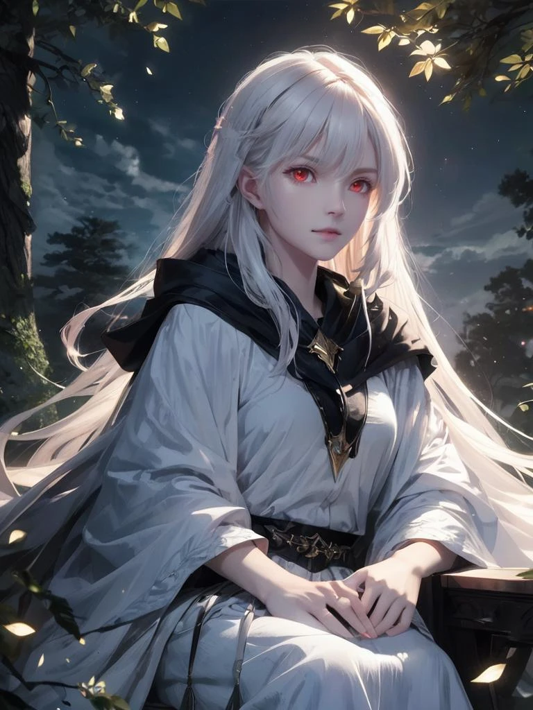 1girl, cloak, colored skin, dark fantasy, dress, long hair, looking at viewer, night, outdoors, own hands together, red eyes, sitting, sky, tree, white hair
