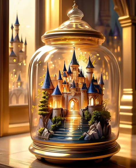 masterpiece, best quality,
a glass jar with a castle inside of it, beautiful render of a fairytale, golden miniatures, fantasy cityscape, enchanted dreams, beautiful art