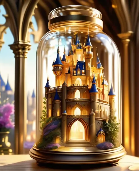 masterpiece, best quality,
a glass jar with a castle inside of it, beautiful render of a fairytale, golden miniatures, fantasy cityscape, enchanted dreams, beautiful art