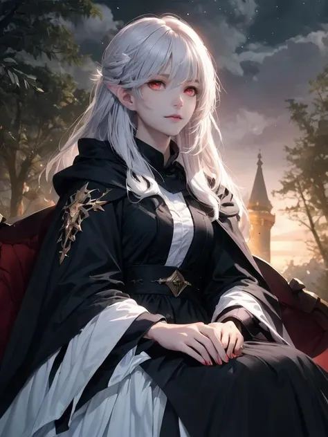 1girl, cloak, colored skin, dark fantasy, dress, long hair, looking at viewer, night, outdoors, own hands together, red eyes, sitting, sky, tree, white hair