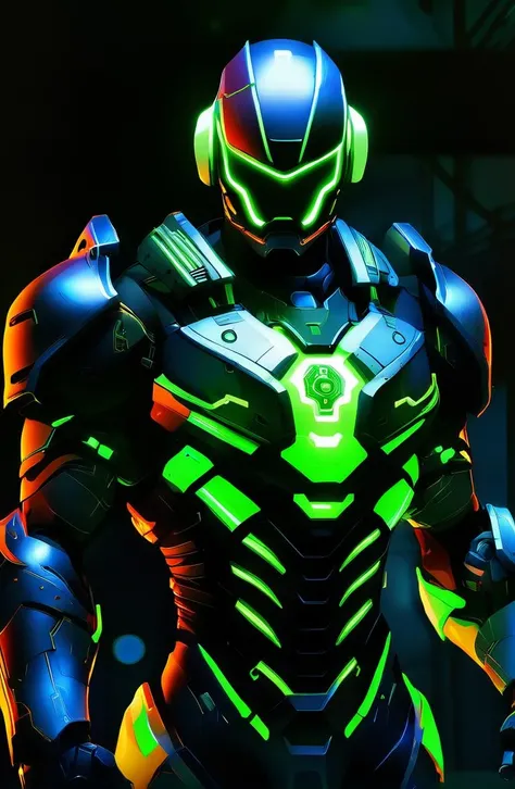 (cyborg), 1boy, armor, bodysuit, clenched hands, full armor, glowing, glowing eyes, helmet, male focus, neon trim, power armor, solo, standing,