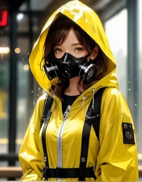 masterpiece, best quality
1girl, blurry, blurry background, brown eyes, brown hair, gas mask, hood, hood up, hooded jacket, jacket, looking at viewer, mask, raincoat, realistic, solo, upper body, yellow jacket, yellow raincoat