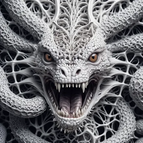 Hyperrealistic art RAW analog photo of a sculpture of a neural network organism, synthetic porcelain coiling dragon, ((mechanical, white skin:2, trypophobia:0.8)), (sharp focus, hyper detailed, highly intricate, physically based unbiased rendering), natural lighting, Extremely high-resolution details, photographic, realism pushed to extreme, fine texture, incredibly lifelike, cinematic, 35mm film, 35mm photography, film, photo realism, DSLR, 8k uhd, hdr, ultra-detailed, high quality, high contrast, fractal, coloured lighting <lora:add-detail-xl:3>