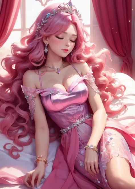 1girl, armlet, bare shoulders, blush, bracelet, breasts, circlet, cleavage, closed eyes, closed mouth, curtains, dress, earrings, eyelashes, gem, hair ornament, indoors, jewelry, lips, long hair, lying, medium breasts, on bed, on side, petals, pink dress, pink hair, sleeping, solo, sunlight, tiara, wavy hair, window